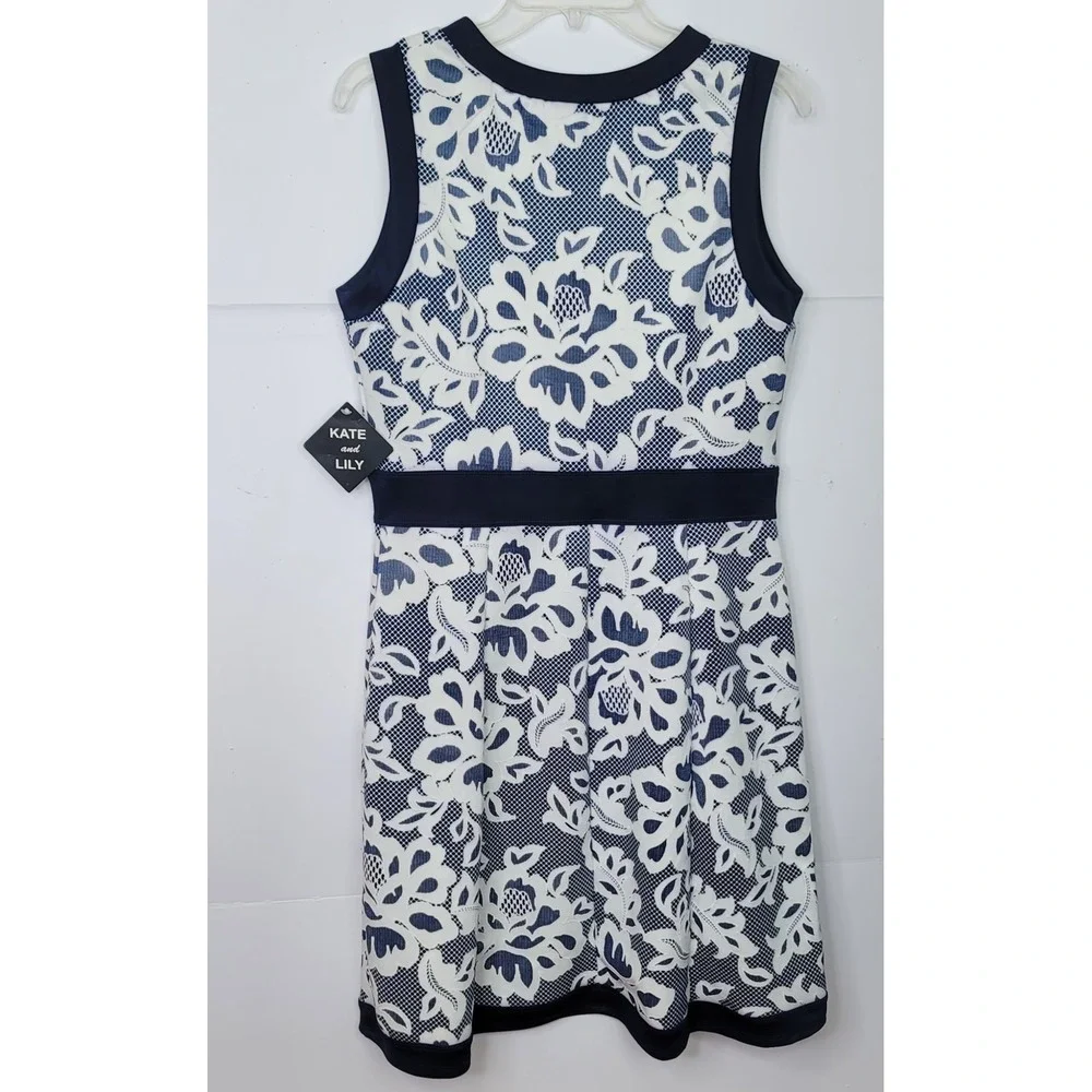 Kate and Lily Fit/Flare Lace Midi Dress Sleeveless 12 Navy White Floral Cottage - Picture 5 of 8